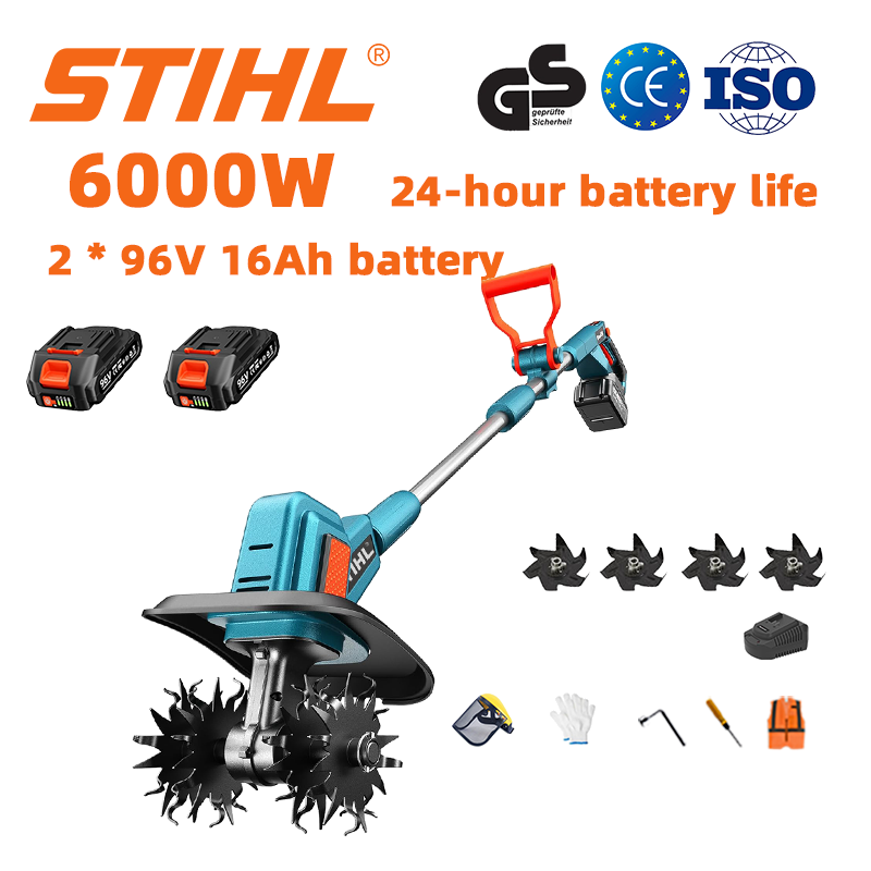 (Vida útil da bateria de 24 horas) Arado de 6000 W + bateria de lítio de 96 V 16 Ah * 2 + carregador rápido * 1 + lâminas de arado * 4 + vários acessórios