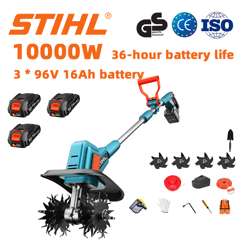 (Vida útil da bateria 36 horas) Arado de 10000 W + bateria de lítio de 96 V 16 Ah * 3 + carregador rápido * 1 + pá * 1 + lâmina de arado * 4 + corda de corte * 1 + vários acessórios