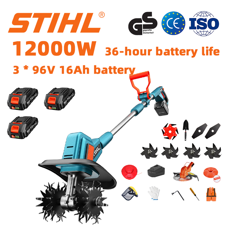 (Duração da bateria: 36 horas) Arado de 12000 W + bateria de lítio de 96 V e 16 Ah * 3 + carregador rápido * 1 + pá * 1 + lâmina reta * 2 + lâmina de arado * 4 + lâmina de serra de liga * 1 + lâmina de corte * 1 + corda de corte * 1 + vários acessórios
