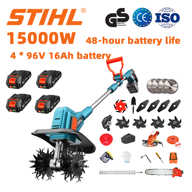 (Vida útil da bateria: 48 horas) Arado de 15000 W + bateria de lítio de 96 V e 16 Ah * 4 + lâmina * 4 + serra * 1 + cabeça de aparador de sebes * 1 + carregador rápido * 1 + pá * 1 + lâmina reta * 4 + lâmina de arado * 4 + lâmina de serra de liga * 1 + lâmina de corte * 1 + corda de corte * 1 + vários acessórios
